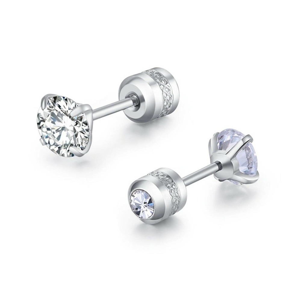 2PCS Silver Stainless Steel Round CZ Earrings Screw Back Ear Stud for Men Women